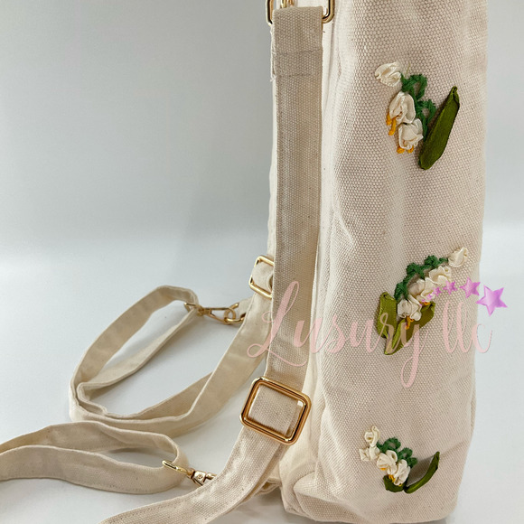 Lily Of The Valey Embroidery Convertible Backpack Tote Crossbody Bag, White main image 11